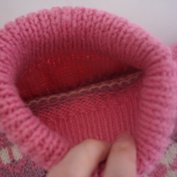 Hand Knit Pink Purple Winter Fisherman Fair Isle Turtleneck Wool Sweater S - Picture 11 of 11